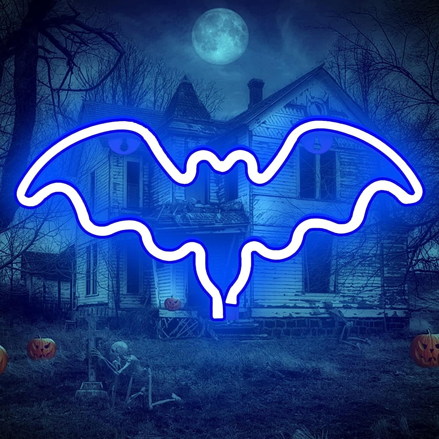 Bat Neon Signs, Neon Signs for Wall Decor Halloween Decoration Bat LED Neon Sign, Battery or USB Powered Neon Lights for Bedroom Wall, Halloween Party, Bar, Kids Room (Blue)