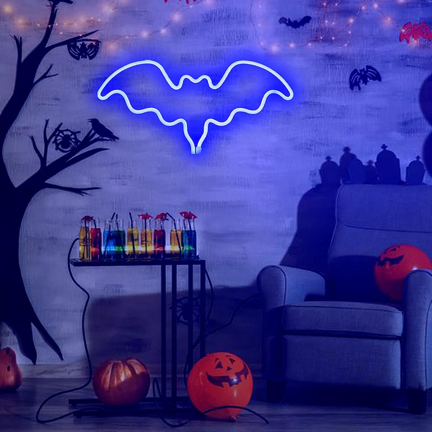 Bat Neon Signs, Neon Signs for Wall Decor Halloween Decoration Bat LED Neon Sign, Battery or USB Powered Neon Lights for Bedroom Wall, Halloween Party, Bar, Kids Room (Blue)